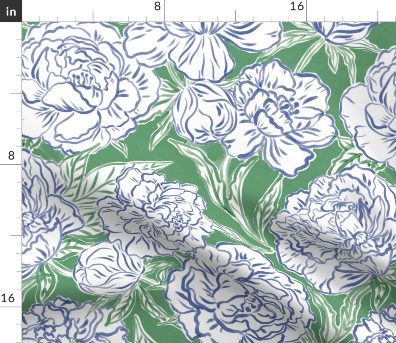 Blue Preppy Floral Peony Flowers Green Botanical Modern Lines Garden Spring Grandmillennial Custom Printed Fabric by Spoonflower Various Fabrics by the Yard or Fat Quarter